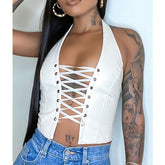 Pbong mid size graduation outfit romantic style teen swag clean girl ideas 90s latina aestheticHalter Top Women Sexy Lace-up PU Leather Crop Top Summer Slim Fit Bandage Tank Tops Black White Streetwear Y2k Tops
