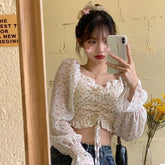 Pbong Floral Youth Elegant Blouse Women Crop Top Pretty Blouses Chic Fashion Blouse Shirt For Party Puff sleeve Off shoulder