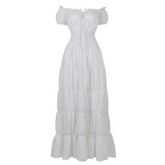 Women Medieval Renaissance Dress Boho Petticoat Short Sleeves Off Shoulder Smocked Waist Retro Pleated Long Dress Costume