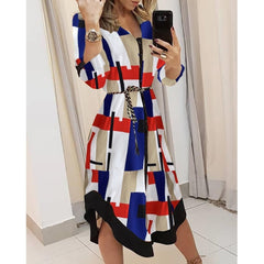 Spring Summer Lady Cover Up Women& Shirt Dress Wave Print Long Sleeve V-Neck Casual Loose Holiday Midi Dress Plus Size
