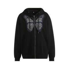 Women's Sweatshirt Loose Style Hooded Jacket,Letters Rhinestone Pattern Zipper Closure Autumn Casual Coat,Black/ Brown/ Purple