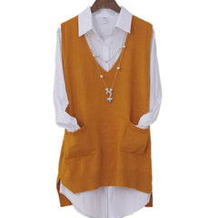 Long Knitted Vest Women V-neck Solid Polly Pocket Plus Size Sleeveless Vest Pullover Gilet Femme Korean Casual Female Vest 4XL
