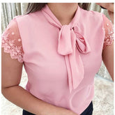 Pbong mid size graduation outfit romantic style teen swag clean girl ideas 90s latina aestheticS-5XL New Lace Up Bow Tie Shirt Summer Lace Short Sleeve Solid Chiffon Casual Blouse Elegant Office Lady Blusas Woman Tops