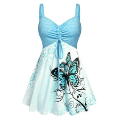 Fashion Ombre Color Butterfly Print Ruched Drawstring pleats Mini Dress Casual Sleeveless V Neck Sling Women Summer Sexy Dress Pbong mid size graduation outfit romantic style teen swag clean girl ideas 90s latina aesthetic