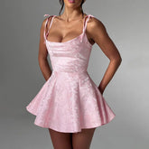 Jacquard Suspender Mini Dress Women's A-line Hem Spaghetti Strap Dress Sexy Backless Lace Up Female Party Evening Outfit