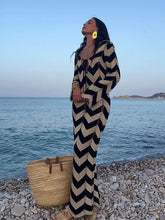 Knitted Striped Color Blocked Lace Up Women's Dress Elegant V-neck Slim Fit Long Sleeve Robes Summer New Female Beach Vestidos