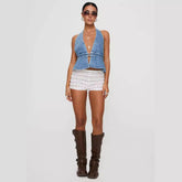 Pbong cowgirl outfits New Fashion Sexy Washed Denim Backless Halter Lace-up Sexy Hot Girl Denim Top