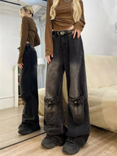 Pbong grunge dti American-Style Retro Black Stitching Ripped Jeans Women's High Street Loose Straight Wide-Leg Mopping Pants