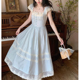 Pbong pop culture dress to impress Summer New French Retro Fairy Small Flying Sleeve Lace Bow Blue One-Piece Dress for Women