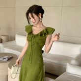 Pbong masquerade dress to impress High Quality Summer New Elegant Lady V-neck Sleeveless Lace-up Ruffled Collar Dress Women's Waist Slimming A- line Skirt