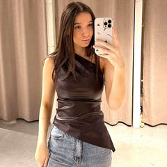European and American women's one-shoulder sleeveless vest, autumn Amazon new solid color slim-fitting oblique collar zipper slimming top