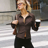 Pbong outfit inspo Elegant Commuter Style Lapel Bell Sleeve Striped Shirt Women's Bag Buckle Cardigan Slim Waist Tight Top New