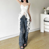 Pbong summer outfits inspo Style Summer New Women's French Strap Dress Irregular Ruffled Waist Tight Solid Color Vest