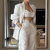 Pbong 2000s fashion Cross-Level Fashion Two-Piece Suit Apricot Multi-Pocket Suit Suit Trousers Loose Ribbon Pants