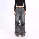 Pbong grunge dti Spring Blue Ripped Skinny Jeans Men's and Women's American-Style Retro Belt Stitching Straight Wide-Leg Trousers