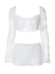 European and American women's clothing spring and summer new pure desire low-cut lace mesh long-sleeved splicing pleated shorts suit for women