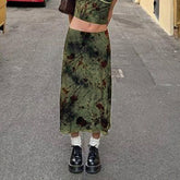 Pbong 90s fashion Chinese Style Artistic Retro Printed Straight Midi Skirt High Waist Lake Green Girl White All-Match Elegant Skirt