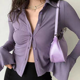 Pbong outfit inspo Five-Color All-Match Polo Lapel Bell Sleeve Shirt Women's American-Style Slim-Fit Stretch Long-Sleeved Shirt