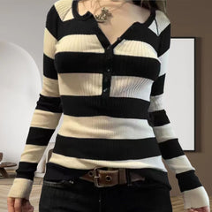Pbong grunge outfits Commuter Contrast Color Striped Top Autumn Casual All-Match Loose Slimming Sweater