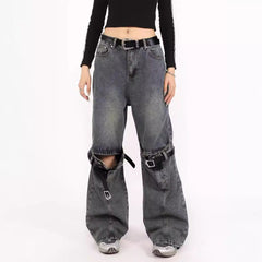 Pbong grunge dti Spring Blue Ripped Skinny Jeans Men's and Women's American-Style Retro Belt Stitching Straight Wide-Leg Trousers