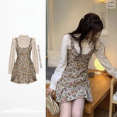 Pbong outfit Autumn New Style Platycodon Grandiflorum French Korean Drama Xiaoxiang Fake Two Pieces Suit Shirt Floral Strap Dress Women's Small