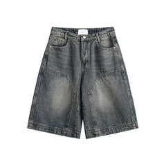 Pbong 90s streetwear American Retro Washed High Street Stitching Denim Shorts Men's and Women's Summer Wide Leg Distressed Loose Casual Cropped Pants