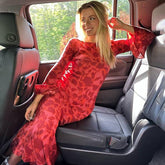 Pbong 2000s fashion Bohemian Summer New Printed Dress Women's Style Sexy Hot Girl Perspective round Neck Long Sleeve Dress