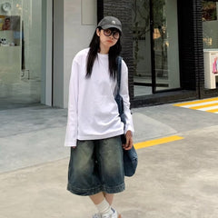 Pbong 90s streetwear American Retro Washed High Street Stitching Denim Shorts Men's and Women's Summer Wide Leg Distressed Loose Casual Cropped Pants