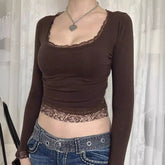 Pbong 2000s fashion Spring and Autumn Hot Girl Style Sexy U-Neck Lace Bow Stitching Slim Slimming Long Sleeve Y2g Bottoming Shirt T-shirt