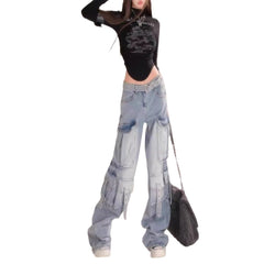 Pbong 2000s fashion New Blue Pattern Cheese Hot Girl Blue Light Color Gradient Multi-Pocket Workwear Jeans Women's Trousers