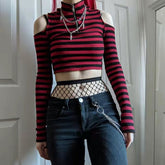Pbong 2000s fashion Contrast Color Striped off-the-Shoulder Slim-Fit Short Knitted Long-Sleeved T-shirt Top Spring New
