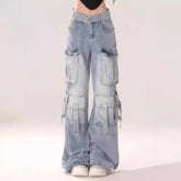 Pbong 2000s fashion New Blue Pattern Cheese Hot Girl Blue Light Color Gradient Multi-Pocket Workwear Jeans Women's Trousers