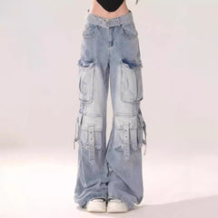 Pbong 2000s fashion New Blue Pattern Cheese Hot Girl Blue Light Color Gradient Multi-Pocket Workwear Jeans Women's Trousers