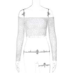 European and American style sexy hot girl lace top spring and summer women's new arrival one-shoulder hollow belly-exposing T-shirt