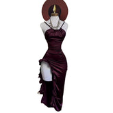 Pbong outfit inspo Women's Sleeveless Sling Solid Color Satin Exposed Leg Dress