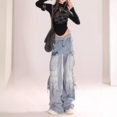 Pbong 2000s fashion New Blue Pattern Cheese Hot Girl Blue Light Color Gradient Multi-Pocket Workwear Jeans Women's Trousers