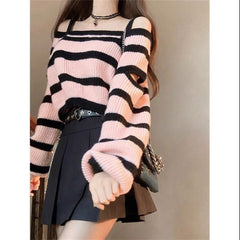 Pbong outfit New Style Fried Street Beautiful Sweater Women's Niche Design Contrast Color Striped Knitted Top