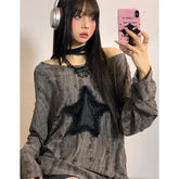 Pbong grunge dti Japanese Style Drawstring Gray Functional Style Hot Girl T-shirt Autumn Women's Top Star Ripped Loose Long Sleeve Bottoming Shirt Trendy