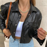 women's clothing European and American style new leather jacket navel-baring white leather jacket female ins black top