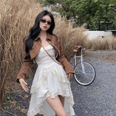 Pbong 2000s fashion Pure Desire Temperament Sling Dress Women's Early Autumn Popular Suit Retro Motorcycle Short Coat Two-Piece Set