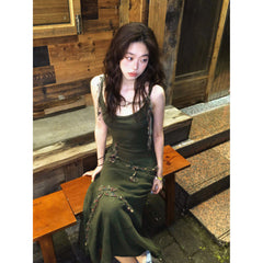 Pbong outfit inspo Spring and Autumn Retro Green Knitted Sling Dress Women's Hot Girl Style Tight Waist Outer Wear Ripped Sheath Long Skirt
