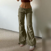 Pbong 2000s fashion Women's Spring Fashion Bow Lace-up Pocket Overalls Low Waist Slimming Casual Ankle-Tied Pants