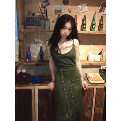 Pbong outfit inspo Spring and Autumn Retro Green Knitted Sling Dress Women's Hot Girl Style Tight Waist Outer Wear Ripped Sheath Long Skirt
