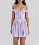 Purple Strapless Sexy Mini Dress For Women Fashion Chest Fold Off-shoulder Backless Loose Club Party Pleated Dress