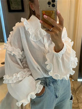 Ruffle Loose Women Shirts Cotton Long Sleeve Elegant White Tshirt Ladies Street Casual Holiday Baggy Cover Up Female
