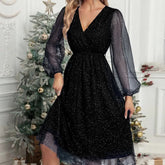 Pbong Women's Elegant V-neck Slim Fit Solid Color Dress Patchwork Mesh Perspective Powder Spray Party Dress Formal Evening Gown