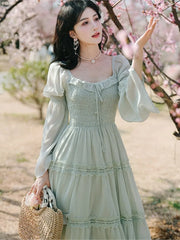 Women New Fairy Midi Dress Elegant Square Collar Lace Ruffle Sweet Dress Autumn Long Sleeve Prom Party Evening Vestidos New