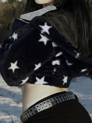 Autumn Winter New Y2k Women's Long Sleeve Hoodies Star Print Velvet Zipper Straight Loose Cardigan Design Warm