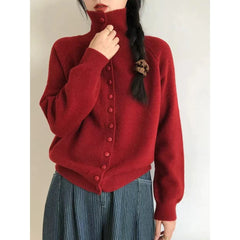 High Neck Button Down Cardigan Women Long Sleeve Knitted Sweater Jacket Cozy Knitwear Teen-girl Fall Winter Basic Chic Knitwear