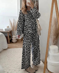 Leopard Print Women's 2-piece Pants Set Lace Up Lantern Sleeve O-neck Top Loose High Waist Pant Spring Lady Casual Outfits